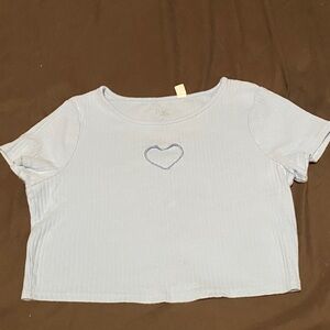Light Blue Cropped T-Shirt with Heart Embroidery